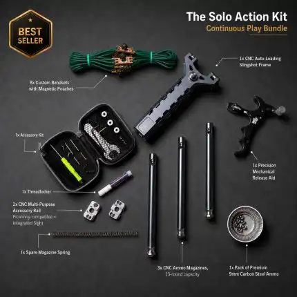 Best Seller AutoFling Solo Action Kit featuring CNC auto-loading mechanical toy, quick-load tubes, and magnetic pouch bandsets.